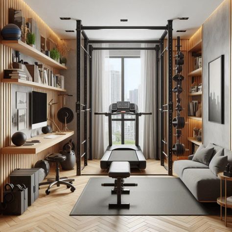 Achieve your fitness goals with these custom home gym designs for small spaces. Perfect for apartments and small homes. #HomeGym #SmallSpaces #CompactWorkout #FitnessJourney #CustomDesign Gym Library Room, Half Gym Half Office, Small Office And Gym Combo, Office Gym Combo Small Spaces, Home Gym And Guest Room Combo, Office Gym Combo Ideas, Living Room Gym Combo, Office And Gym Combo Small Spaces, Office And Gym Combo