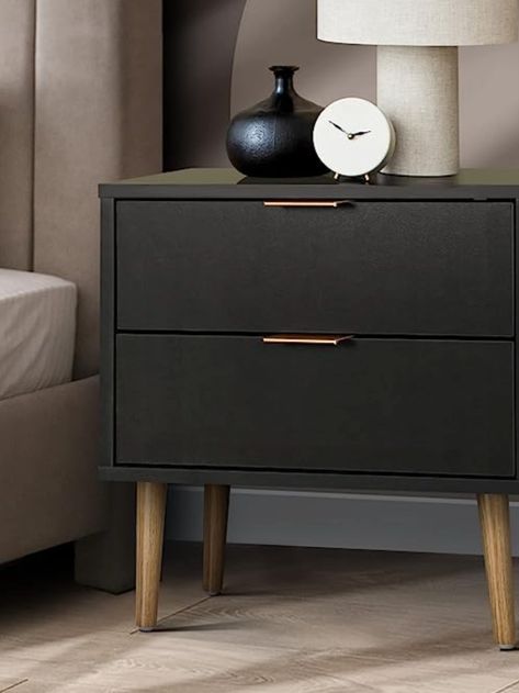 Bedroom Furniture Black, Bedside Table Organization, Wooden Bed Side Table, Bed Side Table Design, Storage Cabinet Bedroom, Side Table Storage, Bedside Table Decor, Cabinet Bedroom, Black Bedside Table