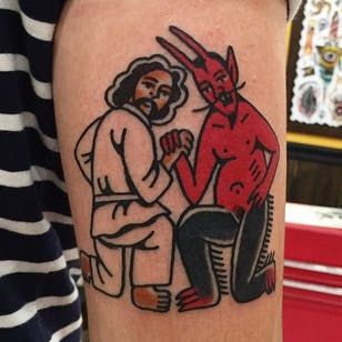 Tattoo uploaded by katievidan | Opposing opinions... #WanTattooer #Jesus #Devil #humor #traditional | 15061 | Tattoodo Traditional Tattoo Painting, Halloween Tattoos Sleeve, Learn To Tattoo, Devil Tattoo, Traditional Tattoo Sleeve, Tattoo Inspiration Men, Jesus Tattoo, Doodle Tattoo, Spooky Tattoos