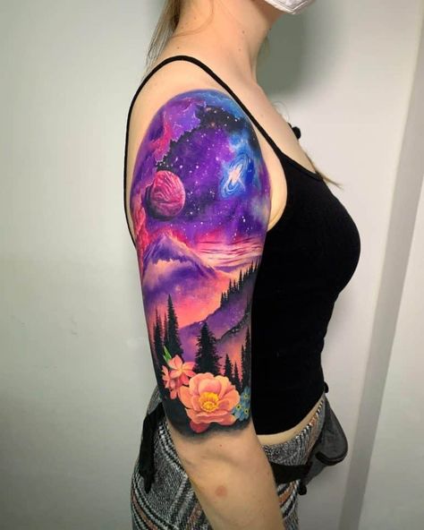 Top 75 Best Arm Tattoo Ideas for Women - [2020 Inspiration Guide] Cosmic Half Sleeve Tattoo, Tattoo Ideas For A Sleeve, Arm Sleeve Tattoos For Women Spaced Out, Full Sleeve Tattoos Women Color, Bright Tattoos For Women Half Sleeves, Space Mandala Tattoo, Space Tattoo Sleeve For Women, Women’s Sleeve Tattoo Ideas, Galaxy Sleeve Tattoo