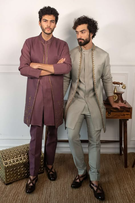 Indowestern Outfits For Men, Green Quilted Jacket, Kurta And Pants, Indian Wedding Clothes For Men, Wedding Kurta For Men, Groom Dress Men, Indian Groom Wear, Design Club, Purple Outfit