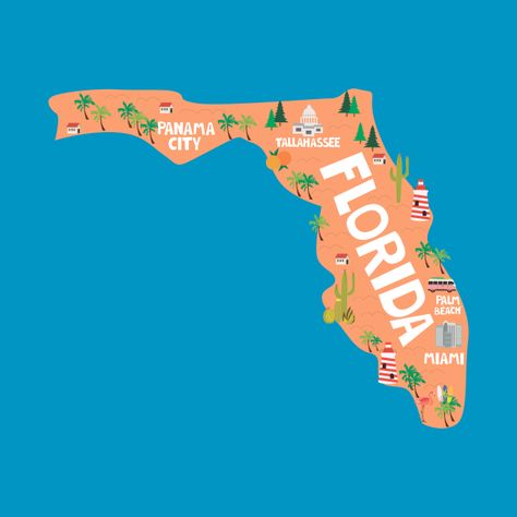 Florida Map Illustration, Selfie Mural, Map Of Florida Cities, Florida State Map, Cartoon Map, 32nd Birthday, Florida Map, Stationery Business, 32 Birthday