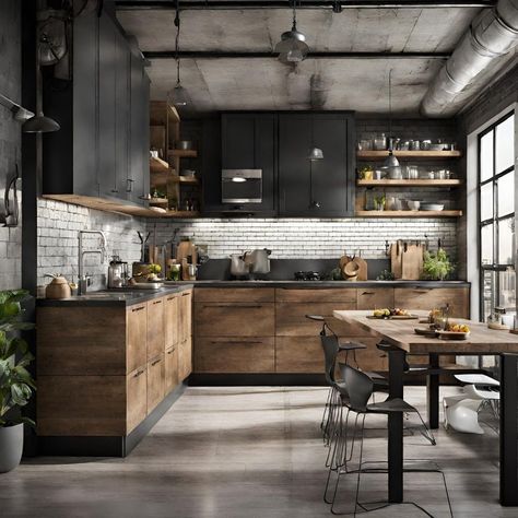 Scandi Industrial Kitchen, Cozy Industrial Kitchen, Dark Industrial Kitchen, Black And Wooden Kitchen, Black And Wood Living Room, Wood And Black Kitchen, Kitchen Industrial Style, Black And Wood Kitchen, Black Wood Kitchen