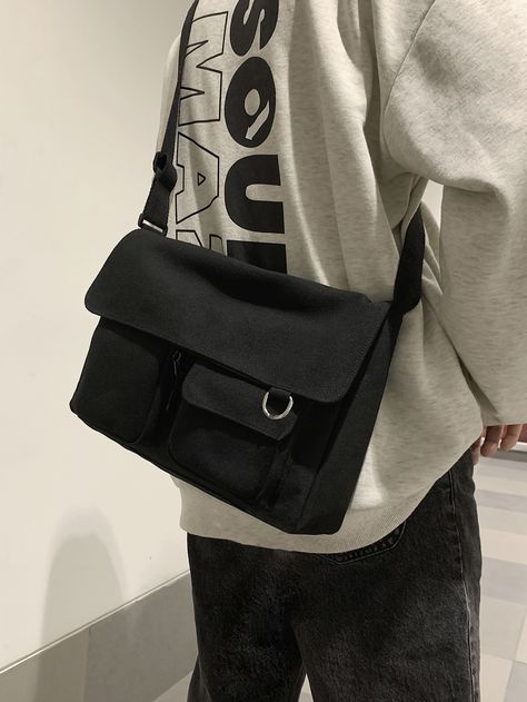 Black  Collar  Fabric Plain Square Bag Embellished   Men Bags Outfits With Shoulder Bag, Side Bags For College, Shoulder Bag Outfit, Uni Bag, Purse Outfit, Sling Bag For Men, Logo Game, My Style Bags, Mens Bags Fashion