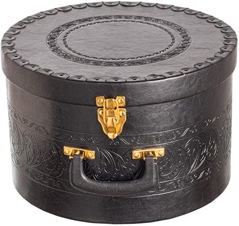 Amazon.com - Hat Box for Men & Women Storage - Round Hat Box Container Easy Travel with Gold locking Lid and Sturdy Handle For Carrying Cowboy Round or Sun Beach Hats and Caps. (Black) - Lids Hat, Large Hat, Hats And Caps, Round Hat, Hat Storage, Botas Chelsea, Home Fragrance Accessories, Large Hats, Wide Brim Fedora