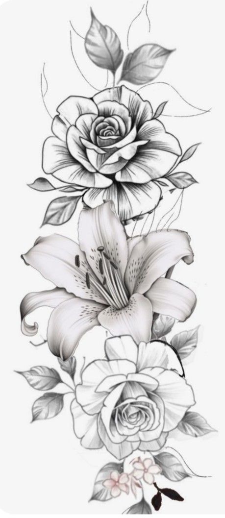 Peony Rose And Lily Tattoo, Roses And Lily Tattoo, Rose And Lily Tattoo Design, Rose And Lotus Flower Tattoo, Rose And Water Lily Tattoo, Lily And Rose Tattoo, Lilly Flower Tattoo, Flower Tattoo Stencils, Water Lily Tattoos