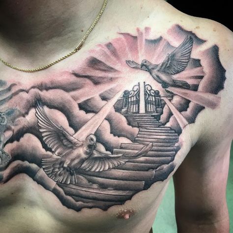 Memorial Tattoos For Men Chest, Chest Memorial Tattoo Men, Left Side Chest Tattoo Men, Half Chest Piece Tattoos Mens, Stairway To Heaven Tattoo Chest, Dove Chest Tattoo Men, Chest Peices Tattoos For Men, One Side Chest Tattoo Men, Christian Chest Tattoo Men