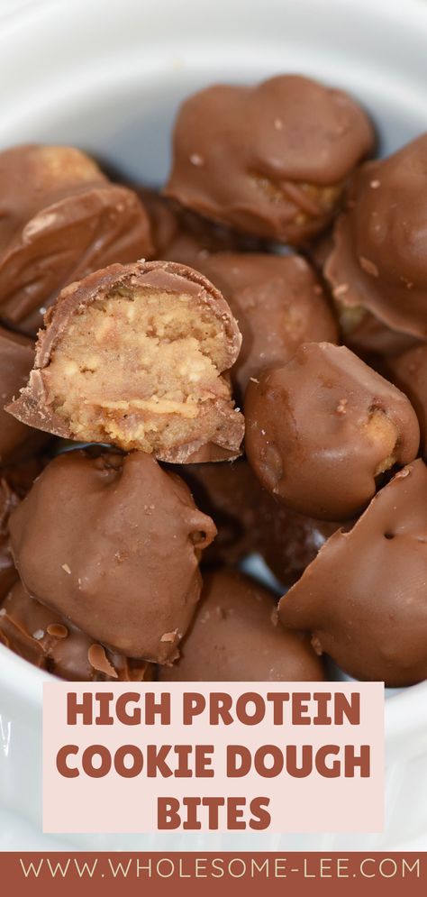 These no bake protein cookie dough bites are the ultimate sweet treat! They are super quick and easy to make, and you don’t need an oven! All you need is a mixing bowl and fridge to place them to allow the chocolate to harden. These are meant to small and bite sized! Protein Cookie Dough Bites, Healthy Cookie Dough Bites, Cookie Dough Protein, Protein Cookie Dough, Healthy Cookie Dough, Protein Cookie, Healthy Cookie, Cookie Dough Bites, Protein Desserts