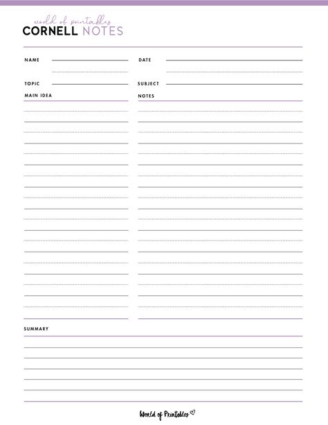 Note Taking Template Printables, Cornell Notes Template Printable, Aesthetic Notes Template, Study Notes Template, Notes Template Printable, Notion Templates For Students, Cornell Note Taking Template, Study Planner Ideas, Journal Tools