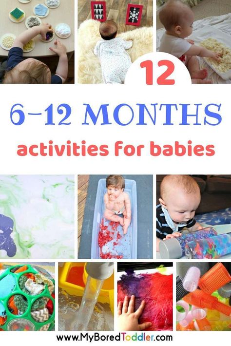 12 activities for babies 6-12 months - My Bored Toddler 7 Month Old Activities, 8 Month Old Activities, 9 Month Old Activities, Months Activities, 6 Month Baby Activities, Baby Activities 1 Year, Baby Development Activities, Activities For Babies, Baby Sensory Play