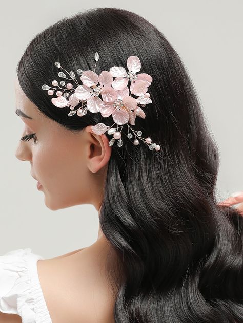 1pc Ladies' Gold-Tone Thread & Pink Flower & Rhinestone Decor Hair Clip For Daily Use Elegant BohoI discovered amazing products on SHEIN.com, come check them out! Boho Tiara, Pink Flower Crown, Beaded Hair Pins, Headpiece Accessories, Beaded Hair Clips, Bridal Headwear, Hair Comb Accessories, Wedding Tea, Flower Hair Comb