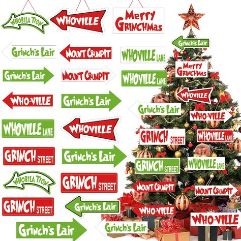 PRICES MAY VARY. Unique Design: These Christmas tree ornaments are available in 6 different designs, and can be combined with whoville sign elements. Well designed signs are instantly recognisable, and they make a great choice for Christmas tree decorations. Our Christmas tree ornaments are eye-catching and attention-grabbing, and can also be used as photo booth props. Excellent Material: These Christmas tree ornaments are made of high quality cardboard, which is lightweight and reusable. Our ca Whoville Christmas Decorations, Grinch Decorations, Grinch Trees, Grinch Christmas Party, Whoville Christmas, Grinch Christmas Tree, Grinch Christmas Decorations, Grinch Ornaments, Paper Christmas Ornaments