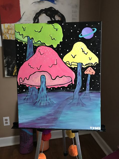 #trippy #mushroom #magic #space #glowinthedark #saturn #acrylic #painting #artbytybee Painting Ideas Mushrooms, Trippy Hippy Painting Ideas, Mushroom Painting Ideas, Cool Painting Ideas Trippy, Grunge Painting, Paint Aesthetic, Box Painting, Trippy Drawings, Canvas Aesthetic