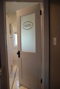 Vintage Modern Bathroom - love the frosted glass door! Deur Makeover, Glass Bathroom Door, Vintage Modern Bathroom, Dark Basement, Frosted Glass Door, Bad Inspiration, Room Door Design, Bathroom Door, Basement Remodel