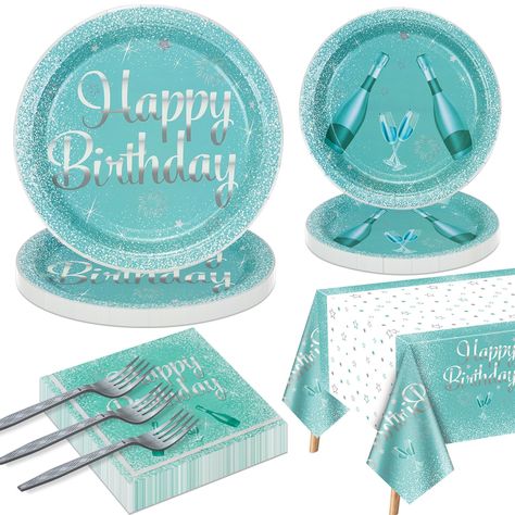 PRICES MAY VARY. 【Teal Blue Party Supplies】Package includes: 20 x 9’’ paper plates, 20 x 7’’ paper plates, 20 x napkins, 20 x forks, 1 x tablecloth. 【Premium-Quality Tiffany Party Supplies】This teal and silver tableware set is made of thick paper and printed in bright color. The tablecloth is made of high-quality plastic, lightweight, waterproof, and not easy to tear and fade. 【Unique and Distinctive Design】These breakfast blue birthday theme party supplies are printed with wine bottles, wine gl Tiffany Themed Birthday Party, Silver Birthday Party Decorations, Blue And Silver Party, Blue Birthday Themes, Tiffany Theme Party, Silver Birthday Party, Tiffany Birthday Party, Teal Birthday, Tiffany Birthday