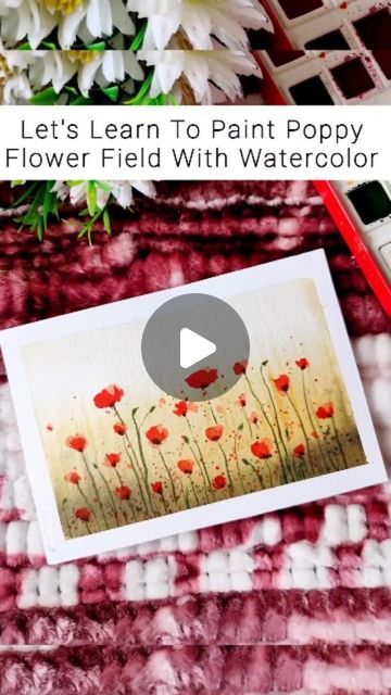 Watercolour Poppy Tutorial, Watercolor Poppies Tutorial Step By Step, Watercolor Poppy Flower, Poppy Field Watercolor, Easy Watercolor Cards, Poppy Watercolor Painting, Easy Watercolor Landscape, Easy Flower Tutorial, Watercolor Cakes