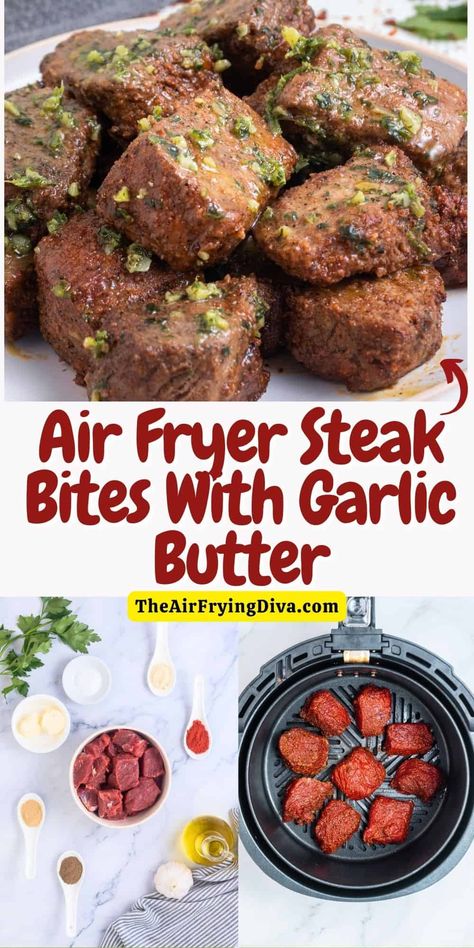 Air Fryer Steak Bites With Garlic Butter, a simple and delicious appetizer or meal recipe featuring tender meat cooked to perfection. Steak Bites With Garlic Butter, Air Fried Steak, Air Fryer Steak Bites, Healthy Steak, New Air Fryer Recipes, Steak Bites Recipe, Air Fryer Steak, Tender Meat, Keto Beef Recipes