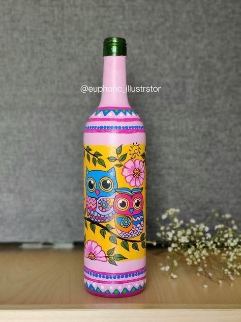 Visit for close up video at Instagram @euphoric_illustrator Wine Bottle Painting, Creative India, Beer Bottle Art, Modern Art Canvas Painting, Wine Bottle Design, Abstract Art Paintings Acrylics, Hippie Painting, Pink Bottle, Painted Wine Bottles