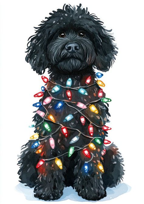 Dog wrapped Christmas Lights illustration christmas lights. | free image by rawpixel.com / Aum Goldendoodle Clipart, Christmas Lights Illustration, Black Golden Doodle, Golden Doodle Christmas, Christmas Goldendoodle, Cute Goldendoodle, Baby Doodle, Goldendoodle Black, Christmas Dogs Funny