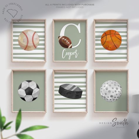 Green sports collection print set boys name, sports theme wall, sports art personalized gift, light green baseball football kid wall art boy ///// PLEASE NOTE ☛ ☛ ☛ FRAMES ARE NOT INCLUDED ☚ ☚ ☚ Thank you for choosing Design South. 🌸 I take pride in creating all of my designs. These timeless sports theme wall art prints will redefine the walls of a boy's nursery, playroom or bedroom. Each design is curated with a passion and vision to create inspired spaces for you and your little ones. Rea Kid Wall Art, Sports Nursery Theme, Sports Nursery, Green Sports, Theme Wall, Toddler Boys Room, Baby Boy Room Nursery, Green Nursery, Art Boy