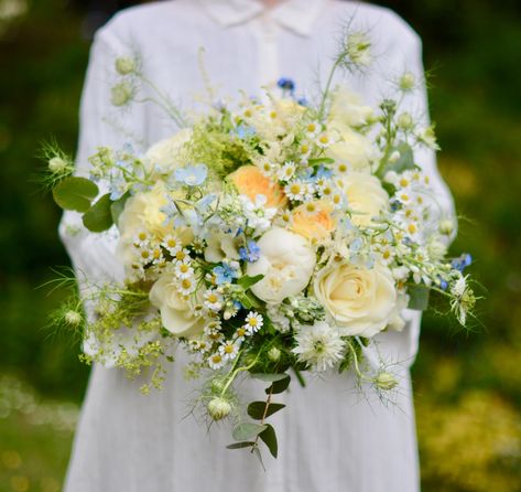 Rich Textured Bridal Bouquet | Bridal Bouquets Dusty Blue And Yellow Wedding Flowers, Summer Wedding Bouquet Ideas, Pale Yellow Bouquet, Pale Yellow And Green Wedding, Blue White Yellow Bridal Bouquet, Yellow Blue Wedding Flowers, Blue And Yellow Wedding Bouquet, Blue Yellow Bouquet, Pastel Yellow Wedding Theme