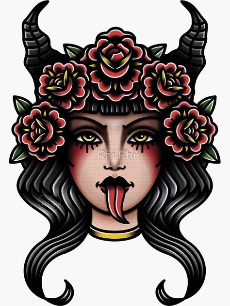 Spooky Stomach Tattoos, American Traditional Succubus Tattoo, Traditional Succubus Tattoo, Spooky Tattoos Traditional, Zombie Traditional Tattoo, Coraline Traditional Tattoo, Trad Woman Tattoo, Tradional Tattoo Women, American Traditional Gothic Tattoos