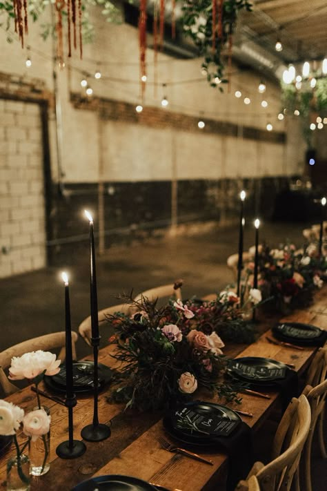 Black Taper Candles Wedding Table, Dark And Moody Table Settings, Moody Gothic Wedding Decor, Dark Moody Table Setting, Dark Southern Wedding, Dark Tones Wedding, Moody Romantic Centerpieces, Gothic Moody Wedding, Rustic And Black Wedding