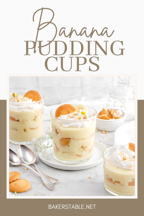 The perfect nostalgic dessert for any and all occasions! These super simple homemade Banana Pudding Cups are sweet, creamy, and melt in your mouth delicious. Banana Pudding Cups, Good Desserts To Make, Banana Pudding Desserts, Dessert Cups Recipes, Bakers Table, Homemade Banana Pudding, Best Banana Pudding, Homemade Pudding, Pudding Cups