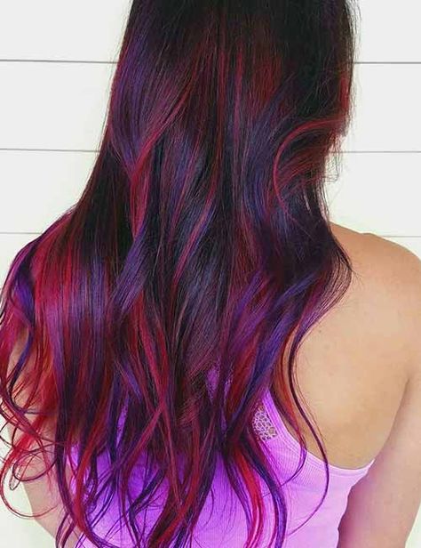 Plum Hair With Pink Highlights, Purple Red Hair Color Ombre, Red And Purple Streaks Hair, Red And Purple Highlights In Brown Hair, Purple Hair Red Highlights, Dark Purple Hair With Pink Highlights, Purple And Red Hair Highlights, Dark Brown Hair With Blonde And Purple Highlights, Magenta Brown Hair