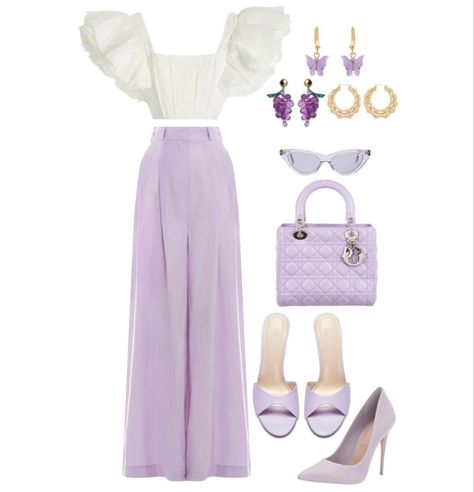 Light purple pants paired with a white top with ruffle sleaves. Choice of purple heels. A purple handbag. Fun purple sunglasses. Either purple earrings or gold earrings. Purple Semi Formal Outfit, Purple And White Dress Outfit, Outfits With Light Purple Pants, Lavender And Gold Outfit, Pale Purple Outfit, Purple And Silver Outfit Ideas, Purple Earrings Outfit, Purple And White Outfits For Women, Purple Sunglasses Outfit