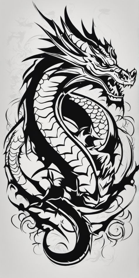 This image showcases a striking stencil-style dragon tattoo design. Dominating the blank canvas, the dragon is detailed in stark black and white, creating a powerful contrast and a captivating aesthetic. Japanese Dragon Line Art, Black Dragon Tattoo Design, Dragon Tattoo Stencil Designs, Dragon Art Black And White, Dragon Black And White, Cover Up Tattoo Design, Dragon Stencil, Dragon Tattoo Outline, Simple Unique Tattoos