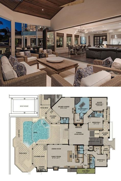 This 2 story large luxury Florida house plan with elevator, 4 bedrooms, 5.5+ bathrooms, beautiful southern coastal interior decoration and design ideas for a beach home. Featured: covered lanai and modern outdoor living room. View the floor plan, blueprint, and home layout of the 6172 sq. ft. modern Florida mansion dream home at https://www.architecturaldesigns.com/house-plans/first-or-second-floor-master-suite-31831dn #blueprint #floorplan #2story #FloridaHomes Modern Mansion Design Plans, Modern Beach House Layout Bloxburg, Modern Luxury House Layout, 3 Story House Floor Plans, Coastal House Layout 2 Story, Luxury Home Layout Floor Plans, Mansion Floorplans Luxury, Bloxburg Mansion Interior Layout, Beach House Mansion Floor Plans