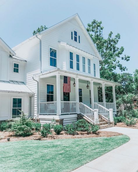 Erin Cottonstem, Georgia Farmhouse, Vertical Siding, Cotton Stems, White Farmhouse, Coastal Farmhouse, Bloxburg House, Future House, My Home