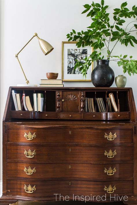 Antique Desk In Living Room, Antique Secretary Desk In Living Room, Antique Desk In Bedroom, Secretary Desk In Entryway, Styling Secretary Desk, Secretary Desk Entryway, Styling A Secretary Desk, Antique Secretary Desk Decor, Antique Secretary Desk Styling