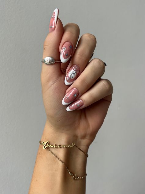 Disco Bachelorette Nails, Disco Bride Nails, Funky New Years Nails, Disco Ball Nails Designs, Cowgirl Disco Nails, Disco Party Nails, Disco Themed Nails, Disco Theme Nails, Mirror Ball Nails