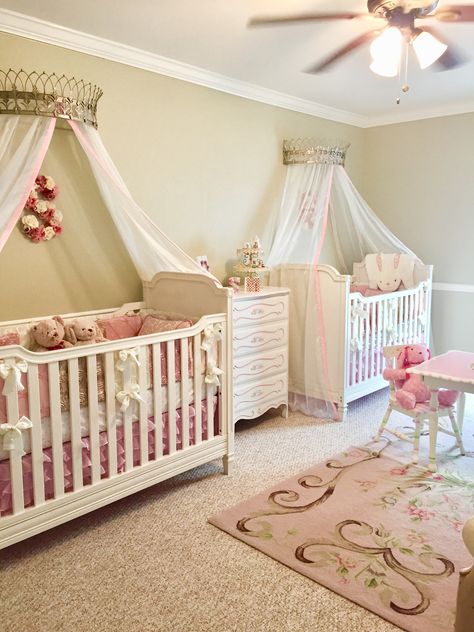 Twin girls nursery Twin Room Decor, Twin Nursery Girls, Twin Girls Nursery Ideas, Twin Girl Nursery Pink, Quadruplets Nursery, Twin Baby Room Ideas, Twin Nursery Ideas, Twin Girl Nursery, Newborn Baby Girl Nursery