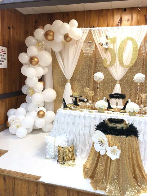 Carmen’s 50 85th Birthday Backdrop Ideas, 50th Birthday For Mom Decoration, Elegant Birthday Centerpiece Ideas, 50th Birthday Ideas For Women Gold And White, Decor Ideas For 50th Birthday Party, Birthday Decorations 70th Party Ideas, 6oth Birthday Party Ideas For Mom, Birthday Mom Decorations, Neutral 50th Birthday Party