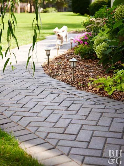 Paver Apron Driveway, Sidewalk Stones Pathways, Brick Walkways To Front Door, Backyard Pavers, Paver Walkway Diy, Pavers Diy, Diy Exterior, Large Backyard Landscaping, Diy Curb Appeal