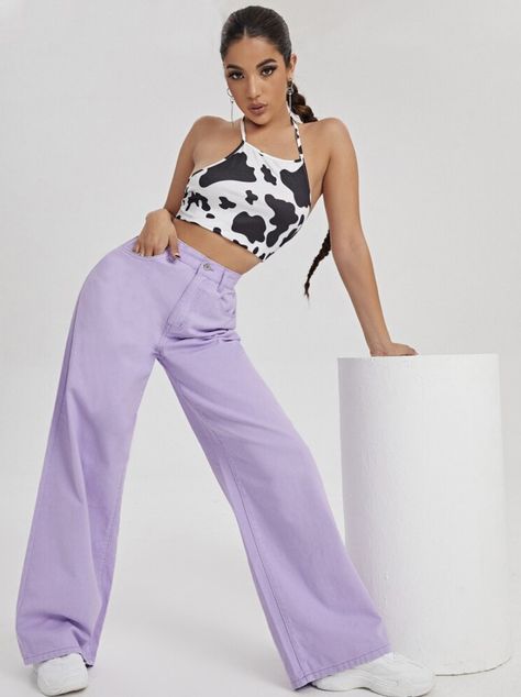 Lilac purple wide leg jeans Wide Leg Purple Pants, Purple Wide Leg Jeans Outfit, Styling Purple Jeans, Lilac Wide Leg Pants Outfit, Purple Jeans Outfit Aesthetic, Purple Wide Leg Pants Outfit, Lilac Jeans Outfit, Lavender Jeans Outfit, Lilac Pants Outfit