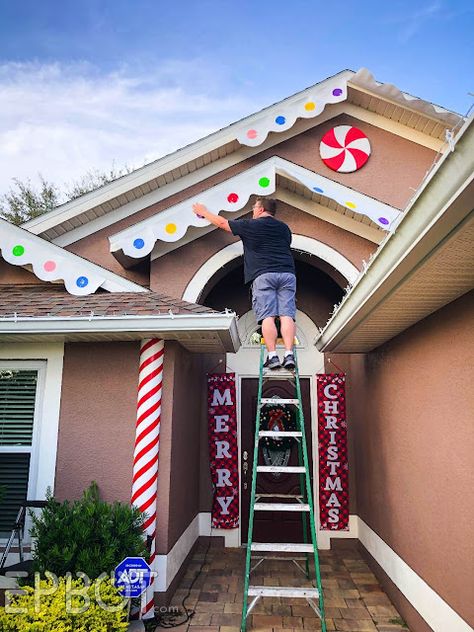 Candy House Decorations Outdoor Christmas, Turning Your House Into A Gingerbread House, Diy Life Size Gingerbread House Decorations, Candy Land Christmas Outdoor Diy, Christmas Lights Outside Gingerbread House, Decorating Outside Like Gingerbread House, Decorating The Outside Of Your House Like A Gingerbread House, Gingerbread House House Decorations, How To Decorate Your House Like A Gingerbread House