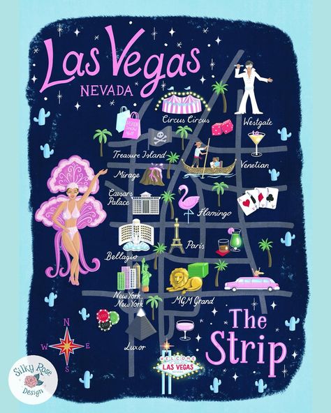 Las Vegas map! The full maps and some close up of some of my favourite details (the limo!) Where should I draw next? #illustratedmap #lasvegas #lasvegasmap #freelanceillustrator #artlicensing #vivalasvegas #sincity #mapillustration #silkyrosedesign Las Vegas Illustration, Vegas Artwork, Las Vegas Map, Rose Illustration, Caesars Palace, Illustration Portfolio, Ipad Art, Sin City, Illustrated Map