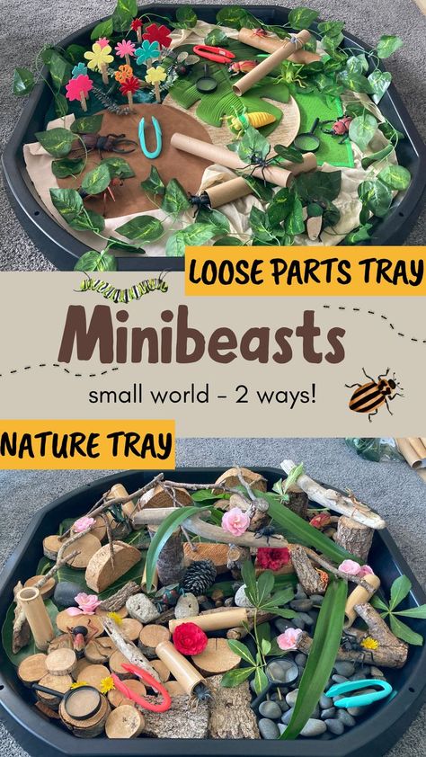 Fascinating minibeasts! You can make either of these easy minibeasts small worlds in a matter of minutes. Use a tuff tray or a shallow cardboard box to set up this minibeasts activity for kids. Watch the video to see how easy this is to set up. Minibeasts Eyfs Tuff Tray, Minibeast Tuff Trays, Natural Resources Tuff Tray, Insect Small World Play, Mini Beast Tuff Tray Ideas, Insects Tuff Tray Ideas, Small World Ideas Eyfs, Minibeast Tuff Tray Eyfs, Bugs Tuff Tray