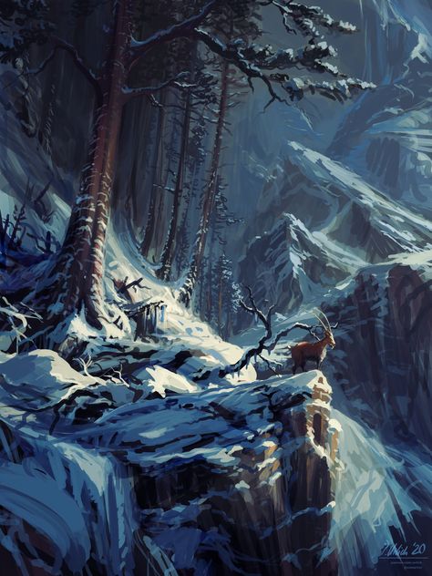 Snowy Forest, Fantasy Forest, Forest Art, Fantasy Art Landscapes, Fantasy Aesthetic, Winter Forest, High Fantasy, Traditional Paintings, Environment Concept Art