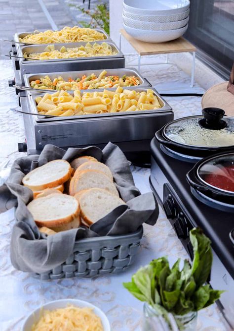 Buffet Pasta Ideas, Pasta Bar For A Crowd, Wedding Pasta Bar Buffet, Pasta Bar Ideas Buffet Wedding, Home Buffet Set Up Ideas, Pasta Station Ideas, Pasta Bar Ideas Buffet, Wedding Pasta Bar, Pasta Birthday Party