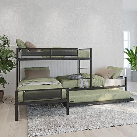 Metal Triple Bunk Beds with Trundle, L-Shaped Quad Bunk Bed Twin Over Twin for 4 Kids, Heavy Duty 4 Bunkbeds Frame for Teens Girls Boys Adults, Bedroom, Dorm, Black 3 Bunk Beds, 4 Bunk Beds, L Shaped Bunk Beds, Adult Bunk Beds, Triple Bunk Beds, Low Bunk Beds, Triple Bunk Bed, Triple Bunk, Support Beam