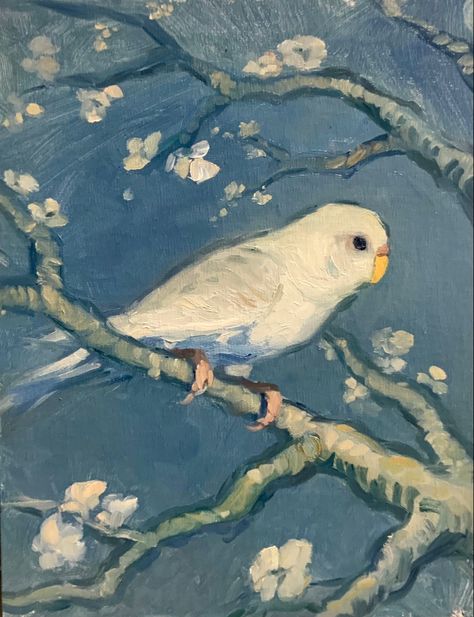 Acrylic Paintings Bird, Graphic Oil Painting, Bird Art Aesthetic, Painting On Blue Background, Parakeet Painting Acrylic, Bird Painting Gouache, Budgies Aesthetic, Parakeet Aesthetic, Budgie Aesthetic