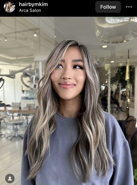 Brown Hair Icy Highlights, Ashy Brown With Money Piece, Bright Blonde Highlights On Dark Hair, Ash Grey Hair Balayage, Ashy Blonde With Lowlights, Grey Brunette Hair, Full Head Blonde Foils On Dark Hair, Ash Blonde Asian Hair, Ash Blonde With Brown Lowlights