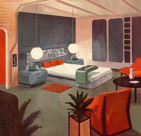 Retrofuturistic bedroom on Behance Retro Futurism Bedroom, Retro Futurism Interior, Futuristic Living Room, Retro Futuristic Interior, Futuristic Room, Futuristic Bedroom, Spaceship Interior, Retro Bedrooms, Retro Interior Design