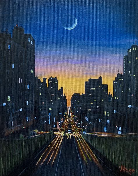 moonlit urban cityscape with car lights at night in acrylics City Night Sky Painting, Painting Of Buildings At Night, Buildings At Night Painting, Night To Day Painting, City Paintings On Canvas, Building At Night Painting, Night City Painting Acrylic, Night Lights Painting, Night City Painting Acrylic Easy