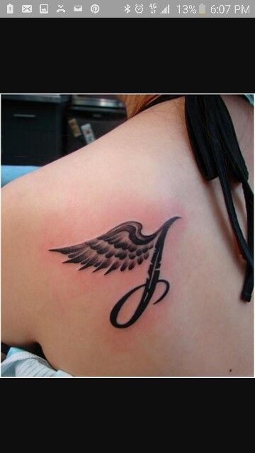 Letter wing Small Angel Wing Tattoo With Initials, Angel Wings Initial Tattoo, Tattoo Guardian Angel, Simple Angel Tattoos, Dedication Tattoos, Small Angel Tattoo, Small Angel Wing Tattoo, Beautiful Angel Tattoos, Memorial Tattoo Quotes